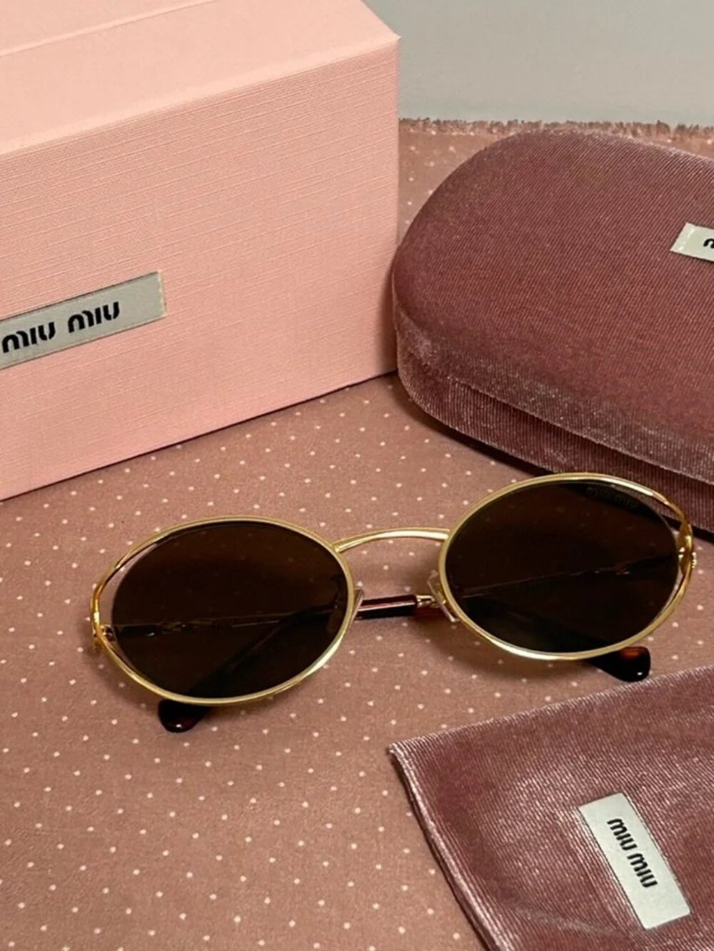 Miu Miu Gold Round Metal Sunglasses with Dark Lenses